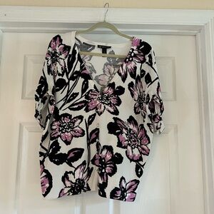 INC Black and Pink Crystal Embellished Floral Short Sleeve Sweater